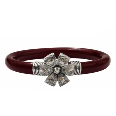 The Velvet Box Maroon Pola Floral Design Bracelet | Silver-Toned Flower Motif Traditional Bangle