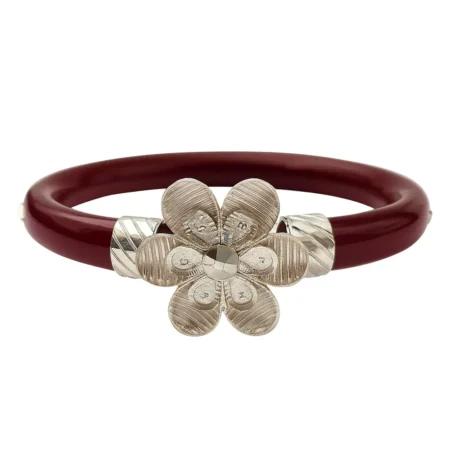 The Velvet Box Maroon Pola Floral Bracelet | Traditional Silver-Toned Flower Design Bangle for Women