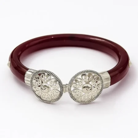 Maroon Lac Bangle Bracelet with Silver Filigree Clasp