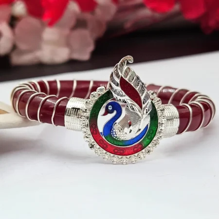 The Velvet Box Wholesale – Designer Maroon Single Bangle with Silver Peacock Enamel Centerpiece