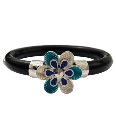 The Velvet Box Black Pola Floral Bracelet | Traditional Silver-Toned Flower Design Bangle for Women