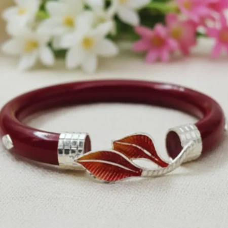 The Velvet Box Wholesale 925 Sterling Silver Pola Leaf Design Maroon Bangle