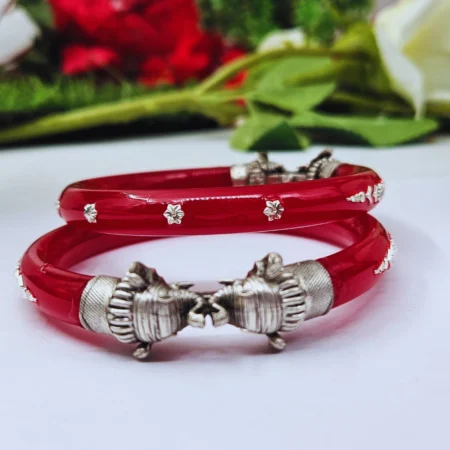 Traditional Red Silver Pola Bangle with Antique Twin Head Design | Handcrafted Ethnic Jewelry