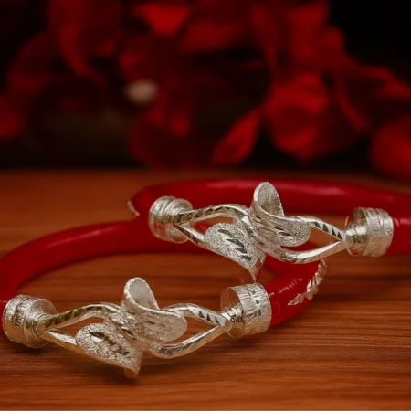 Elegant Red Silver Pola Bangle with Handcrafted Leaf Motif | Traditional Ethnic Jewelry