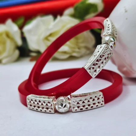 Traditional Red Silver Pola Bangle with Geometric Filigree Work | Handcrafted Ethnic Jewelry