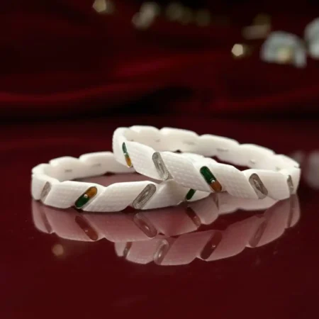 Traditional White Shankha Pola Bangles with Spiral Texture & Stone Accents for Women