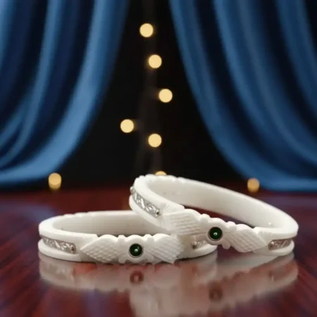 Traditional White Shankha Pola Bangles with Green Stone & Silver Detailing for Women