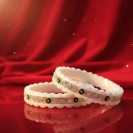 Traditional White Shankha Pola Bangles with Gold Finish & Red-Green Stone Work for Women