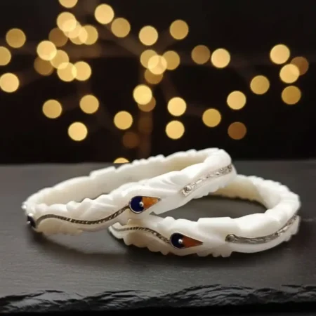 Traditional White Shankha Pola Bangles with Silver Wave Design & Blue-Amber Stone Accents for Women