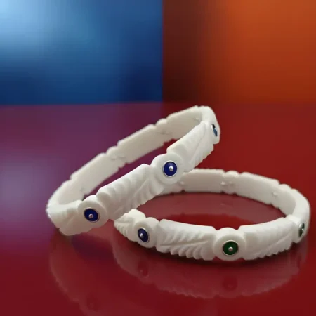Traditional White Shankha Pola Bangles with Blue & Green Stone Studs for Women