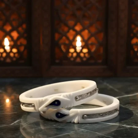 Traditional White Shankha Pola Bangles with Silver Detailing for Women