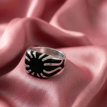 925 Sterling Silver Men's Sunburst Ring with Black Enamel Flare Design - BIS Hallmarked