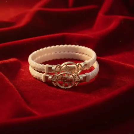 Bengali Silver Shakha Bangles featuring a handcrafted silver elephant motif and teardrop gemstones by The Velvet Box.