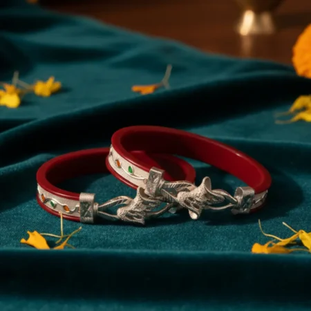 Premium Maroon Silver Foil Pola Bangle with floral enamel and 92.5% silver by The VelvetBox.