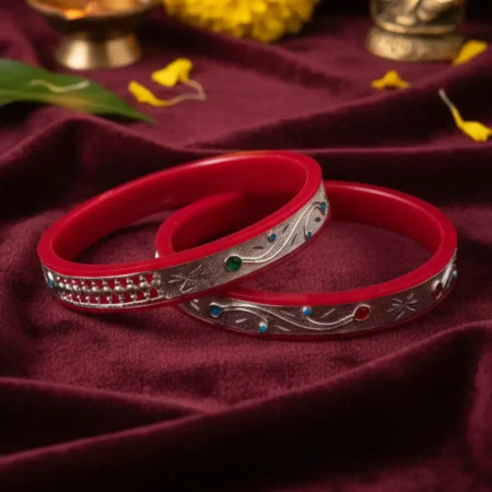 Minimalist Silver Vine Pola Bangle with 92.5% silver motifs and traditional colorful ethnic design by The VelvetBox.