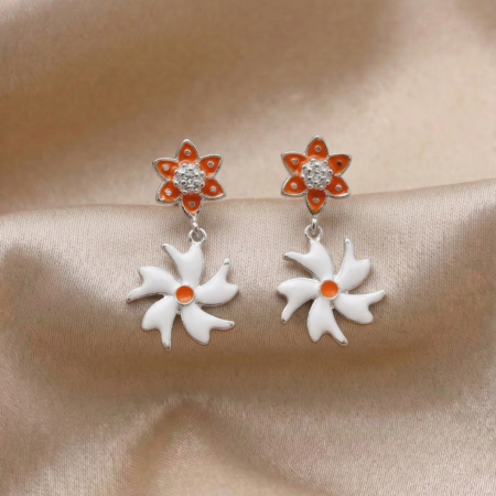 925 Silver Floral Drop Earrings for Women | Orange & White Designer Earrings | The Velvet Box