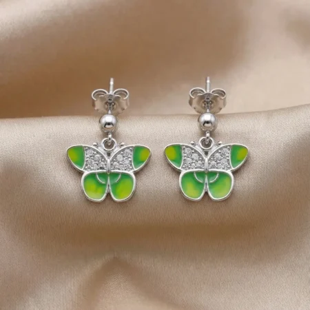 Green Butterfly Enamel Drop Earrings in 925 Silver | The Velvet Box
