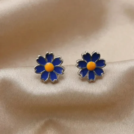 Royal Blue Floral Enamel Stud Earrings in 925 Silver | The Velvet Box