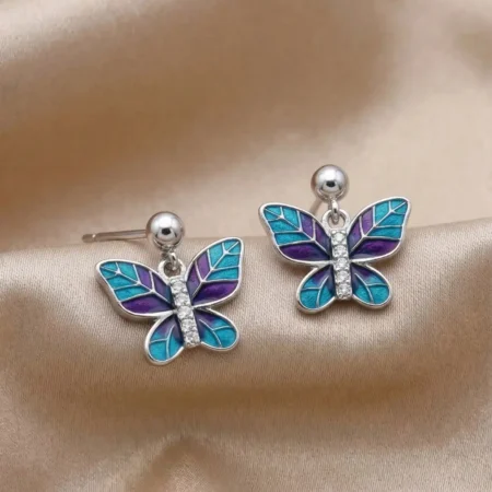 Turquoise & Purple Butterfly Enamel Drop Earrings in 925 Silver | The Velvet Box