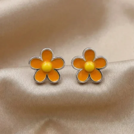 Orange & Yellow Floral Enamel Stud Earrings in 925 Silver | The Velvet Box