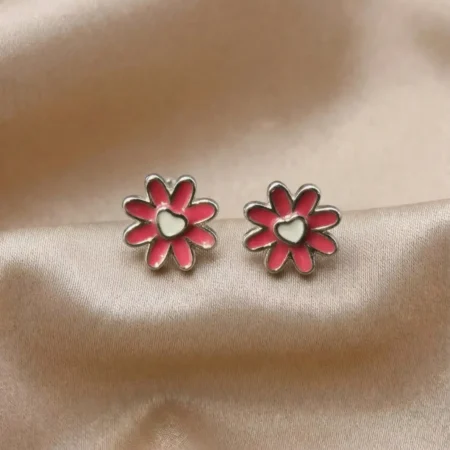 Pink Floral Heart Enamel Stud Earrings in 925 Silver | The Velvet Box