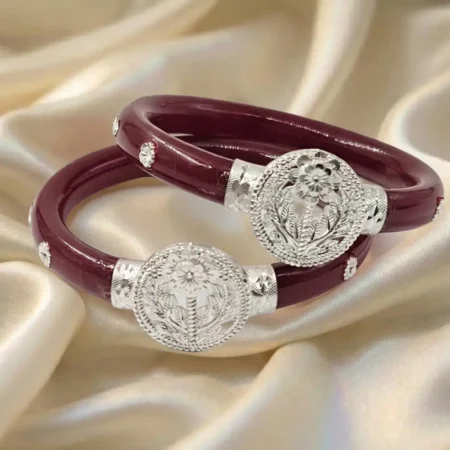 Elegant 925 Silver Floral Filigree Pola Bangle - Maroon Finish BIS Hallmarked Jewelry for Women and Girls