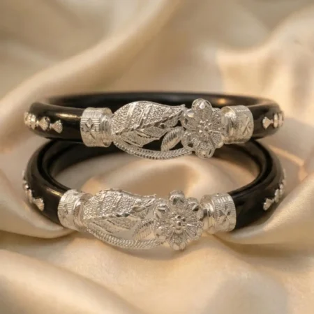 Handcrafted 925 Silver Flower & Leaf Pola Bangle - Black Finish BIS Hallmarked Jewelry for Women and Girls