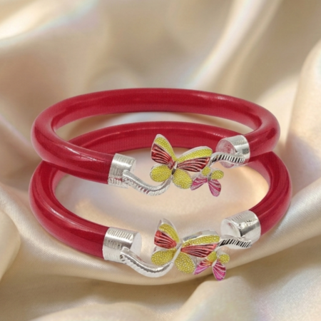 925 Silver Butterfly Pola Bangle for Women – BIS Hallmarked Hand-Enameled Red Pola with Silver Butterfly Design
