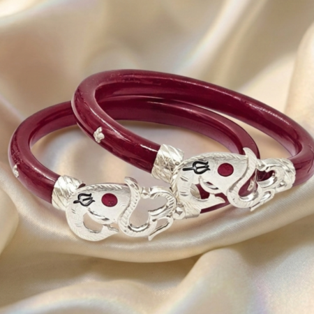 925 Silver Ganesha & Om Pola Bangle for Women – BIS Hallmarked Spiritual Trishul Design Red Pola Bangle