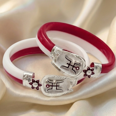 925 Silver Shankha Pola Bangle for Women – BIS Hallmarked Designer Red & White Trishul Flower Motif Bangle