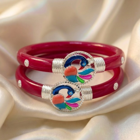 925 Silver Peacock Pola Bangle for Women – BIS Hallmarked Multi-Color Enamel Designer Red Pola Bangle