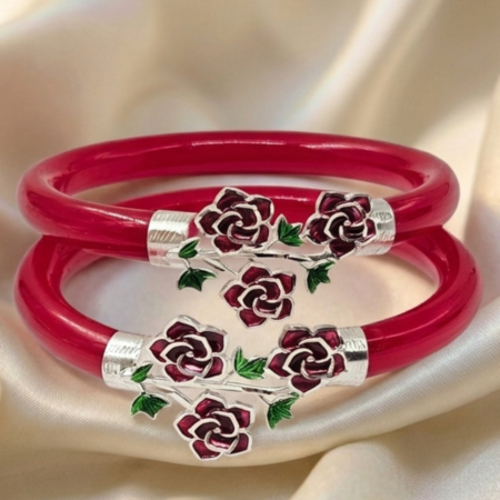 925 Silver Rose & Butterfly Pola Bangle for Women – BIS Hallmarked Floral Enamel Designer Red Pola Bangle