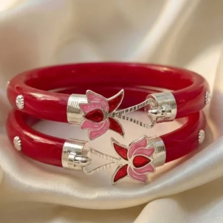 925 Silver Lotus Pola Bangle for Women – BIS Hallmarked Pink Enamel Floral Designer Red Pola Bangle