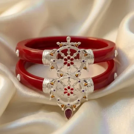 925 Silver Dharma Chakra Pola Bangle for Women – BIS Hallmarked Sacred Wheel & Gemstone Designer Red Pola Bangle
