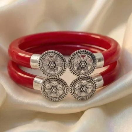 Exquisite 925 Silver Red Floral Mukh Pola Bangles | BIS Hallmarked Certified