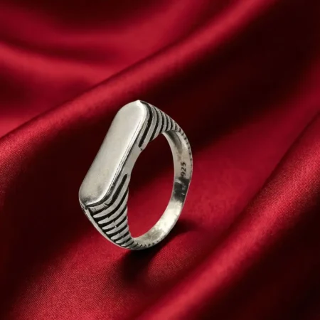 Minimalist 925 Sterling Silver Men's Rectangle Signet Ring with Ribbed Band