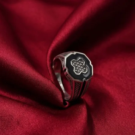 Handcrafted 925 Sterling Silver Men's Ring with Black Enamel and Micro-Stud Cross Design