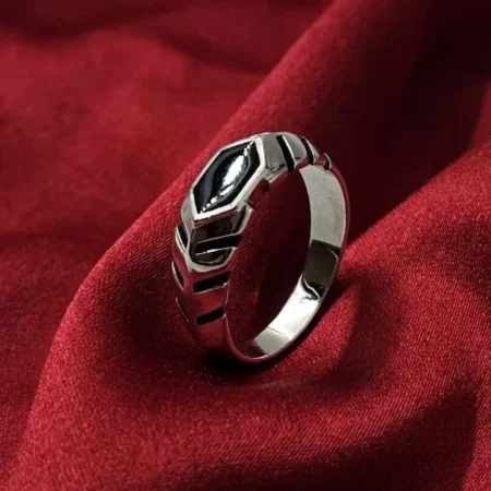 925 Sterling Silver Men's Band with Diamond-Shape Black Enamel & Slotted Design