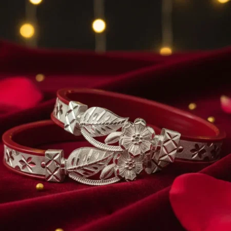 Heavy Floral Silver Pola Bangle with 92.5% silver and traditional ethnic Kada design by The VelvetBox.