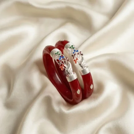 Handcrafted 925 Sterling Silver Pola Bangle with Multicolor Enamel Flower Motif - The Velvet Box