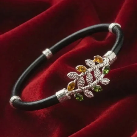Pure 925 Silver Noya Bangle with Multi-Leaf Design & Green-Yellow Stones