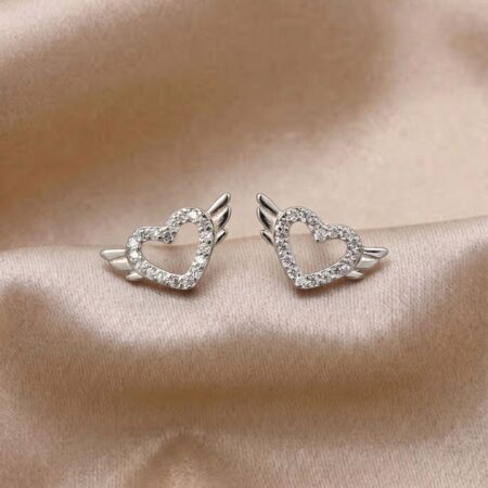 925 Silver Angel Wing Heart Stud Earrings with Zirconia | The Velvet Box