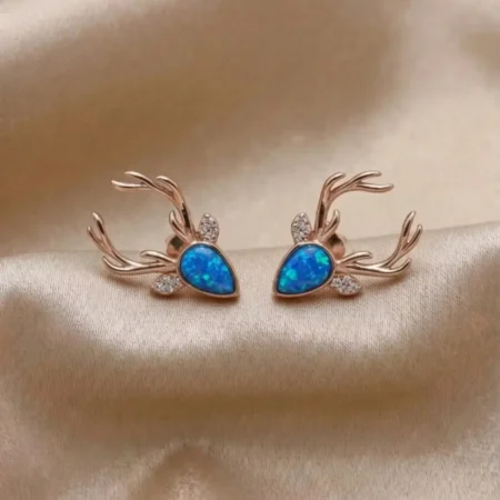 925 Silver Reindeer Antler Blue Opal Stud Earrings for Women | The Velvet Box