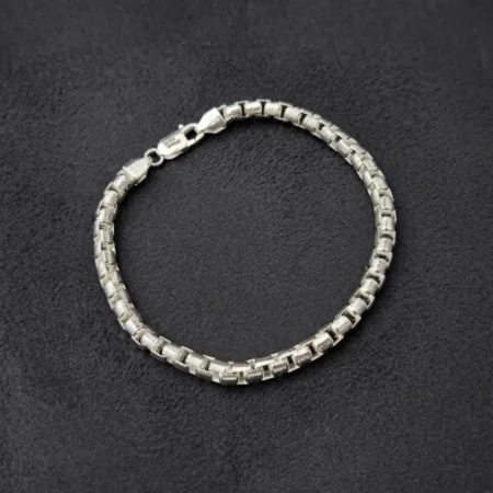 925 Sterling Silver Textured Box Link Bracelet for Men - BIS Hallmarked