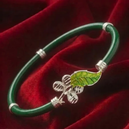 Premium 925 Silver Noya Bangle with Green Leaf & Flower Design