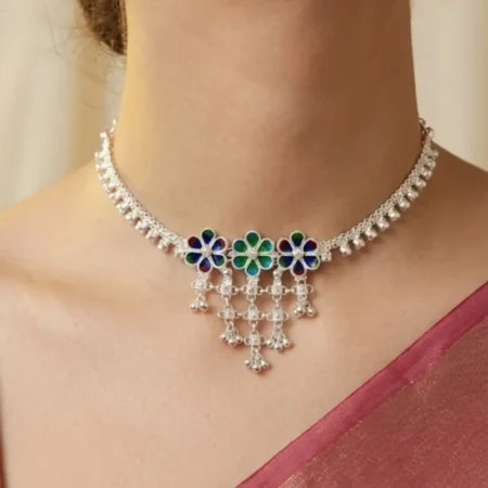 The Velvet Box Sovereign 925 Sterling Silver Waterfall Choker – Royal Enamel Motifs & BIS Hallmarked Excellence