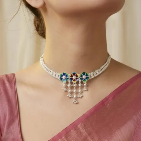 The Velvet Box Regalia 925 Sterling Silver Choker – Handcrafted Enamel Excellence with Royal Ghungroo Drops