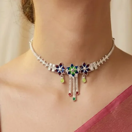 Designer 925 Sterling Silver Gradient Floral Meenakari Choker with Dangle Charms - BIS Hallmarked
