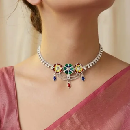 Designer 925 Sterling Silver Gradient Floral Meenakari Choker with Dangle Charms - BIS Hallmarked