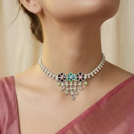 Silver Ethnic Meenakari Charmed Drop Necklace for Women & Girls - BIS Hallmarked